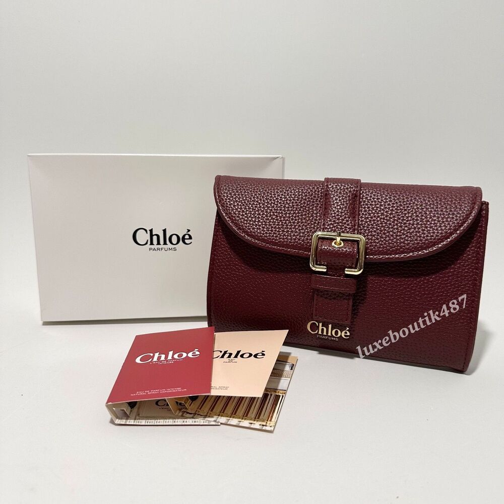 Chloe Beauty Cosmetic Wallet Pouch New Burgundy Red w/ samples